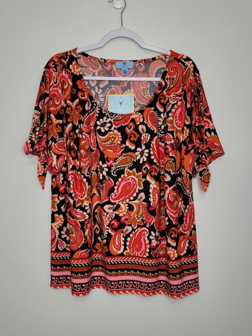 CeCe black red tie sleeves bold vacation resort cruise blouse plus size top 3x
